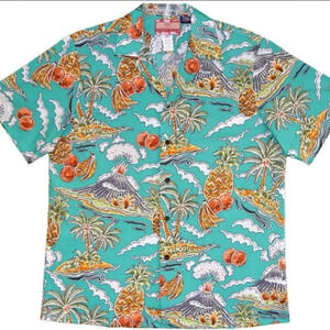 Island Sketches Volcano Pineapples Cotton Men's Aloha Shirt Size XL
